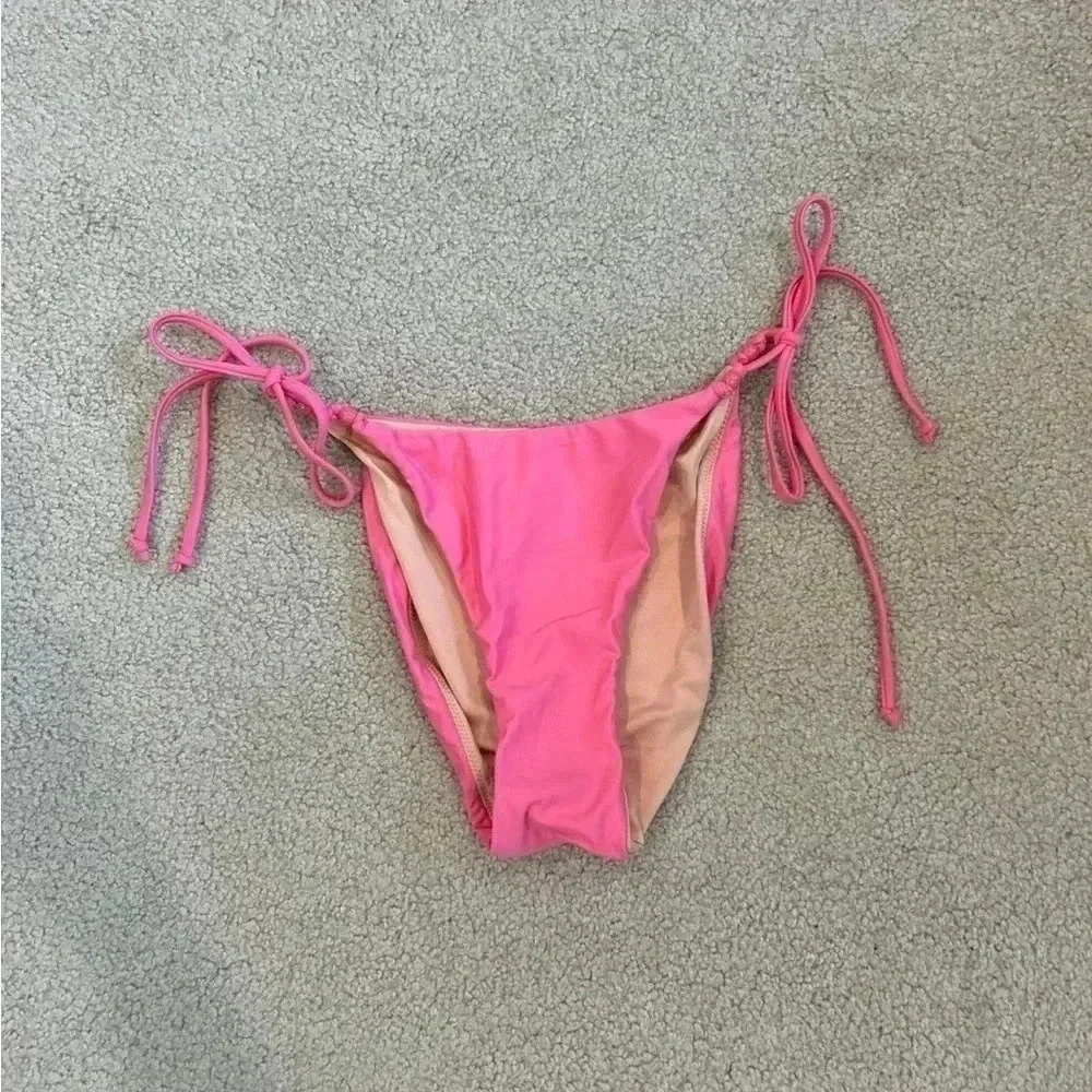 NWT J crew bright pink Curved-waist cheeky string bikini bottom with beads